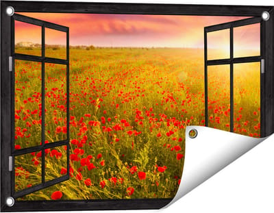 Gards Tuinposter Doorkijk Rode Klaproos Bloemenveld - Zonsondergang - 60x40 cm - Tuindoek - Tuindecoratie - Wanddecoratie buiten - Tuinschilderij