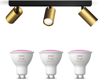 Philips Hue Idris Opbouwspot voor Badkamer (Zwart/Goud) - Badkamerlamp - Wit en Gekleurd Licht - Plafondspot met 3 Lichtpunten - GU10 - Hue White and Color Ambiance