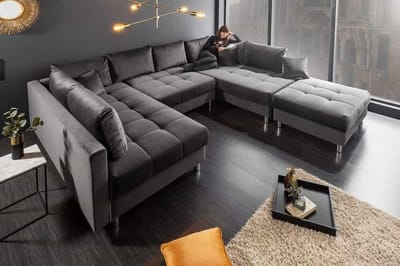 Hoekbank Zenith Xl Velvet donkergrijs Velours - Hoeksalon U vorm met poef Hocker - betaalbare zetels en banken zetelsenbedden