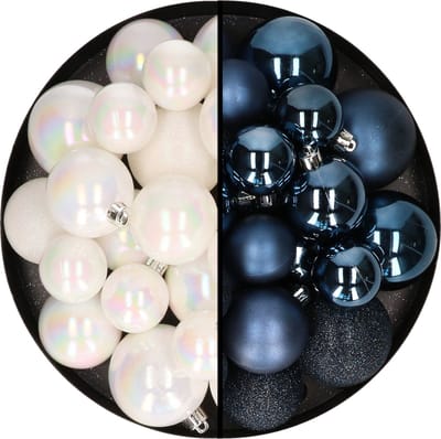 Kerstballen 60x stuks - mix parelmoer wit/donkerblauw - 4-5-6 cm - kunststof - kerstversiering