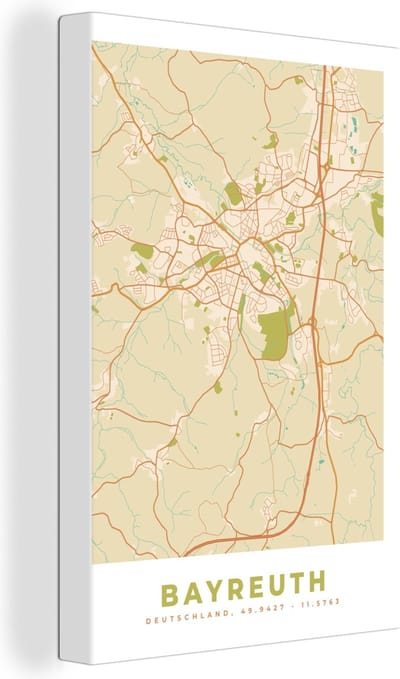 Canvas Schilderij Plattegrond - Bayreuth - Stadskaart - Kaart - Vintage - 20x30 cm - Wanddecoratie