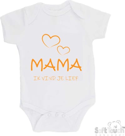 100% katoenen Romper "Mama, ik vind je lief" Moederdag Unisex Katoen Wit/mosterd Maat 56/62