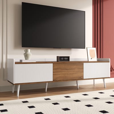Wishdor - Tv-Meubel - Drie Deuren - Verhoogde Rand - Gestreept Design - Woonkamer - MDF En Spaanplaat - Naturel En Wit - 160 x 39 x 49,5 cm