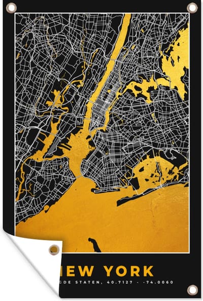 Muurdecoratie New York - Stadskaart - Goud - Kaart - Plattegrond - 120x180 cm - Tuinposter - Tuindoek