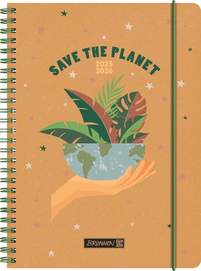 SnelShoppen - Schoolagenda 2025/2026, Save The Planet, A5, 208 pagina's, gerecycled leer, 2 pagina's = 1 week, meerkleurig, flexibele softcover