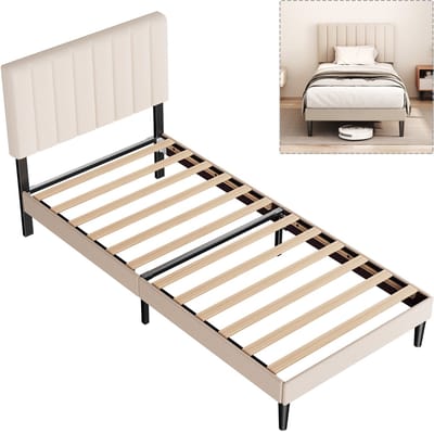 KUTAS heavy duty metalen bedframe - Gestoffeerd bed - 90x200 cm - verstelbaar hoofdeinde - Opbergruimte Onder Bed - Stevig - Stil - Anti Slip - Eenvoudige Montage - Grijs Beige (geen matras)