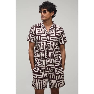 Getextureerd Geometrisch Bedrukt Regular Shirt & Relaxed Short Set | Chocolate | Size XS