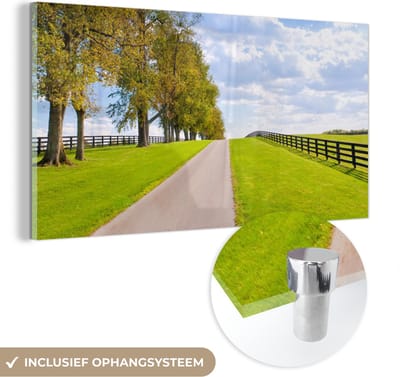 MuchoWow® Glasschilderij 40x20 cm - Schilderij acrylglas - Wolken - Bomen - Weg - Foto op glas - Schilderijen
