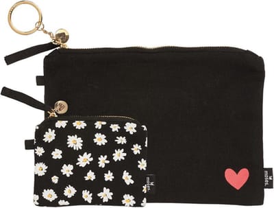 Toilettas/etui 2-delige set Zwart met Hartje en Zwart met madeliefjes - BIO-katoen - 22x15cm - 12x9cm