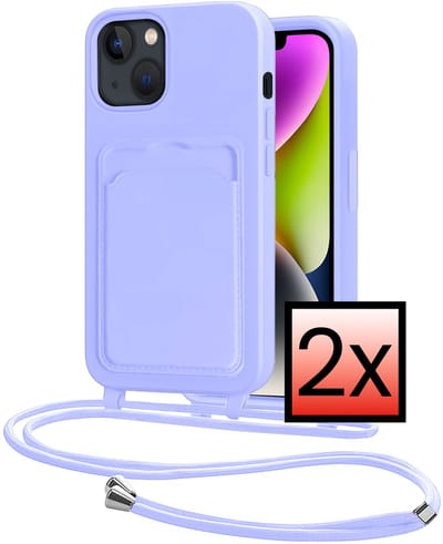 Hoes Geschikt voor iPhone 13 Hoesje Pasjeshouder Cover Met Koord Case Siliconen Hoes Met Telefoonkoord en Kaarthouder - Lila - 2 PACK