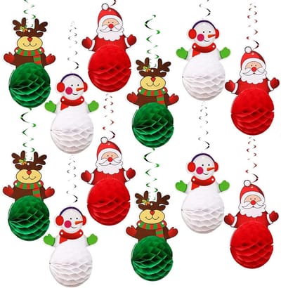 Kerstversiering - 12 stuks - kerstversieringsset - kerstballen - honingraatballen - kerstversiering - hangende wervelingen - kerstballen - rendieren - sneeuwpop - voor plafondwervelingen - hangende decoraties