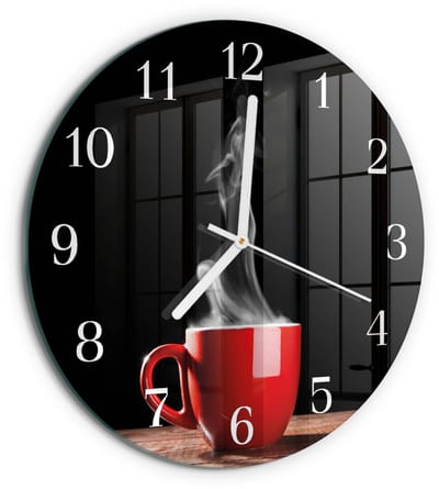 Tulup Wandklok - Kopje koffie Gekleurde Glazen Klok - 30fi cm - Rood Glazen Klok Met Print - Witte Handen - Ronde Wandklok - Glazen Klok Met Print - Wandklok Glas Met Motief