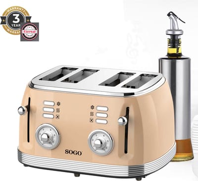Sogo SS-5475 Roestvrij Staal Retro Broodrooster Set, 4 Sneetjes, Metallic Beige, met Elektronische Temperatuurregeling, Ontdooi-/Opwarmfunctie en Inclusief Maxenza Glazen RVS Oliefles