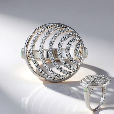 Cavill - Zilveren Ring Verstelbaar - 925 Sterling Zilver Platina Geplateerd - Welo-opaal 0,137 ct & 95 Zirkonia's 1,108 ct - Modern Elegant Design