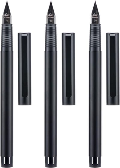 Fountain Pen Set van 3 Stuks met Iridium Nibs, Ultra Fijn, Extra Fijn en Fijn, Zacht Schrijven en Converter, Zwart Kleur