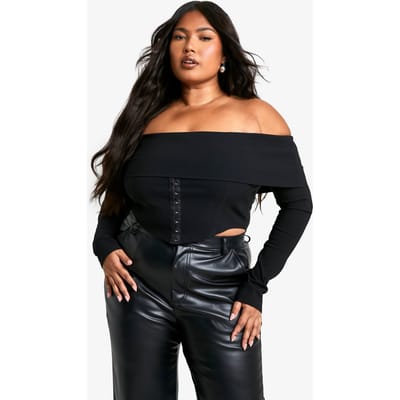 boohoo Dames Plus Bengaline Off-Shoulder Haak & Oog Top | Zwart | Maat: 54