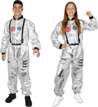 Zilveren astronauten kostuum voor volwassenen, unisex ruimtevlucht outfit voor Halloween, maten S-XL