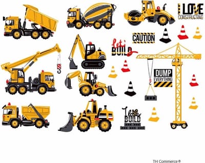 MUURSTICKER - WEGENBOUW KIEPAUTO BOUW VOERTUIGEN - WANDDECORATIE - KINDERKAMER - JONGEN - nr 6818