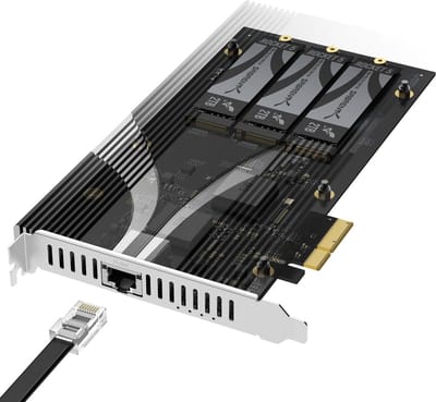 Opslag en Netwerkkaart - M.2 NVMe Adapter - Systeem Uitbreiden - Drie M.2 Slots - 10GbE Poort - Zilver