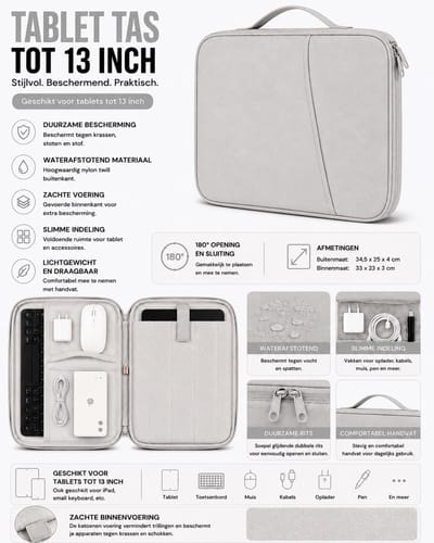 Tablet Organizer Tas 13 inch Lichtgrijs – Waterdicht – Beschermhoes met Opbergvakken – Geschikt voor iPad, Galaxy Tab & Tablets tot 13 inch