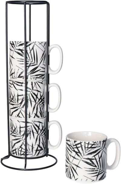 Secret de Gourmet Koffie mokken/bekers Botanic - zwart - 4x stuks in rekje - Keramiek - glans afwerking - 240 ml - 7 x 8 cm