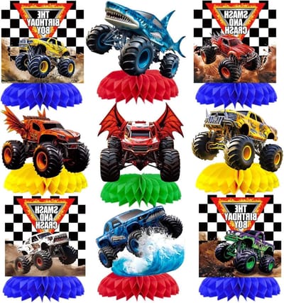 Monster Truck tafeldecoraties - 9-delige set - kleurrijke honeycomb - ideaal voor verjaardagsfeest - ShopVlot