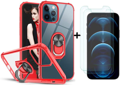 Hoesje Geschikt voor iPhone 12 / 12 Pro Hoesje met Premium ring houder - Hoesje Geschikt voor iPhone 12 kickstand armor backcover Rood + 2X screenprotector