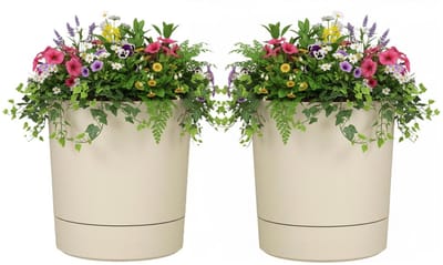 Mica Decorations Bloempot Coco - 2x - met onderschaal - beige - H34 x D33 cm - kunststof - buiten