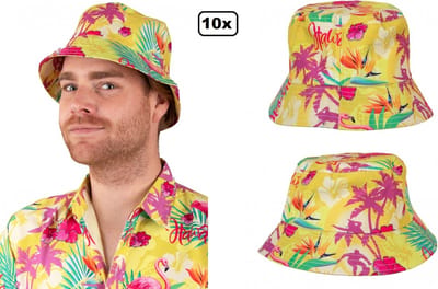 10x Vissers hoedje Hawaiiprint geel - Hawai tropical festival thema feest zomer beach fun