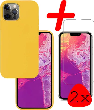 Hoesje Met 2x Screenprotector - Geschikt voor Apple iPhone 14 Pro - Sterk & Shockproof - Back Cover - Siliconen Case - Telefoon Hoes - Geel