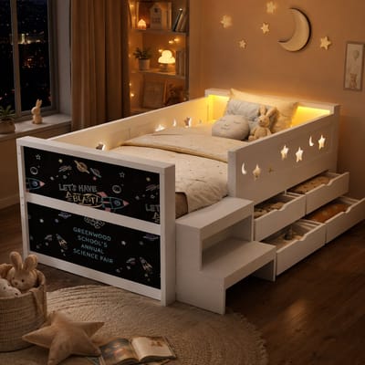 Kinderbed 90x200 cm - Eenpersoonsbed - Opbergbed - Multifunctioneel bed - Met hoofdbord - Met lades - Met LED-lichtstrips - Creatief schoolbordontwerp - Met vangrails - Stevig en veilig - Wit