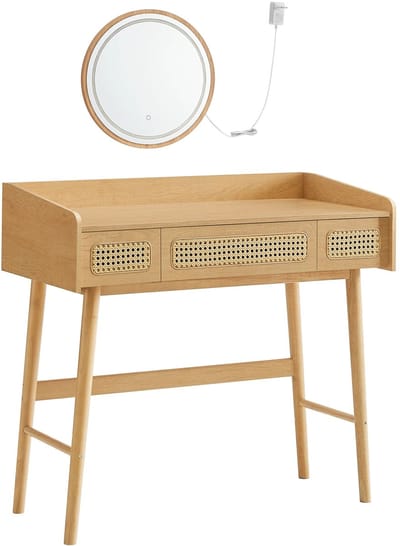 Kaptafel - Make Up Tafel - Kaptafel met Spiegel - Met Verlichting, 3 Standen - Rotan Stijl - 43 x 90 x 82 cm - 3 Lades - Slaapkamer
