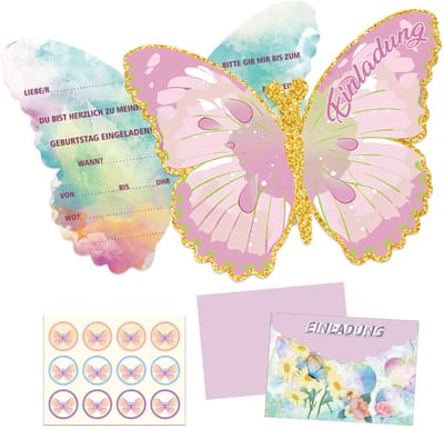Dailygoods - 12 stuks Duitse vlinderuitnodigingskaarten, feestuitnodigingskaarten, vlinderfeestuitnodigingskaart, verjaardagsuitnodigingen, uitnodigingskaarten kinderverjaardag meisjes, feestuitnodigingen