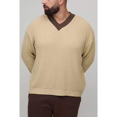 Plus Oversized Gebreide Contrasterende V-hals Trui | Ecru | Size 2XL