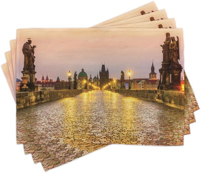ABAKUHAUS Landschaps-placematten, Karelsbrug, Praagse Oude Stad, Tsjechische Republiek, met klassieke middeleeuwse gebouwen, onderzetters van wasbare stof, tafeldecoratie met bedrukking, geel-bruin