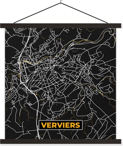 Posterhanger incl. Poster 60x60 cm - Schoolplaat - Verviers - Stadskaart - Goud - Plattegrond - Kaart - Textielposter - Zwarte latten - Stadskaart