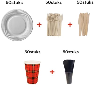 250 stuks wegwerp bestek set bio ( 50 papier borden 20cm - 50 houten messen - 50 houten vorken – 50 Kartonnen rietjes – 50 Kartonnen beker.) Feest / verjaardag / Picknick / Milieuvriendelijk / biologisch afbreekbaar /Wegwerp set