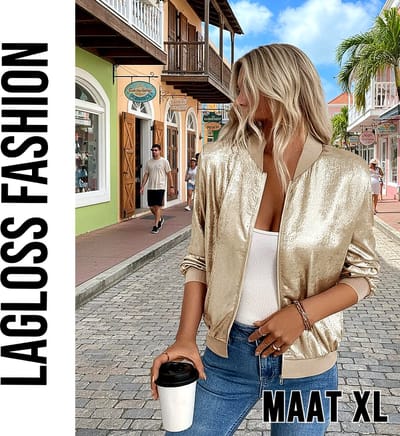 LaGloss® Dames Lichtgewicht Gouden Folie Honkbal Jasje – Elegante Zip-Up Jas met Lange Mouwen – Modieuze en Stijlvolle Metallic Look, Comfortabele Pasvorm – Maat XL