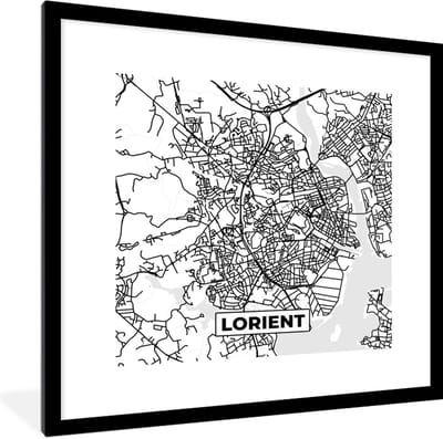 Fotolijst incl. Poster Zwart Wit- Frankrijk - Plattegrond - Stadskaart - Lorient - Kaart - Zwart wit - 40x40 cm - Posterlijst