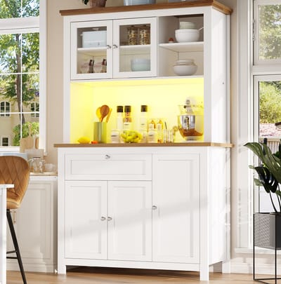 MEUNIQ Keukenkast 104 x 40 x 180 cm met LED-verlichting, verstelbare planken, glazen deuren en anti-kipbeveiliging, hoge opbergkast voor keuken of eetkamer, wit