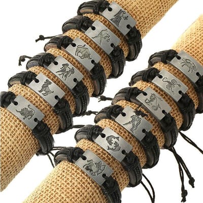 Boogschutter / Sagittarius - Leren Armband met Sterrenbeeld Hanger - Zwart Leer - Staal - Astrologie - Armbanden - Papa Cadeau Voor Mannen - Vaderdag