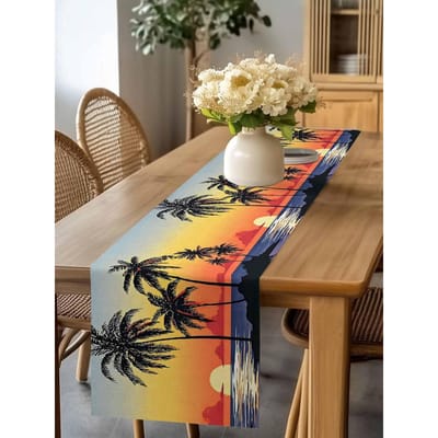 Zomer Zee Zonsondergang Tropische Palmbomen Linnen Tafel Runner Feest Decor Herbruikbaar Keuken Eettafelkleed Bruiloft Vakantie Decor 150x33cm