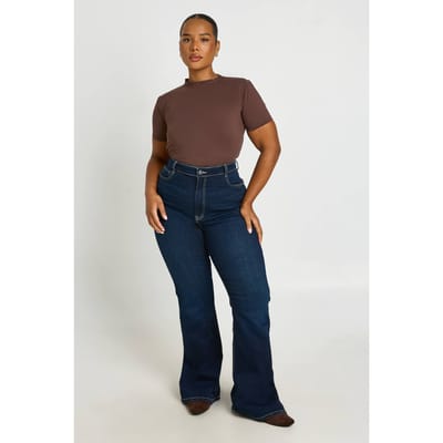 boohoo Dames Plus Hoge Taille Billen Liftende Wijduitlopende Jeans | Indigo | Maat: 44