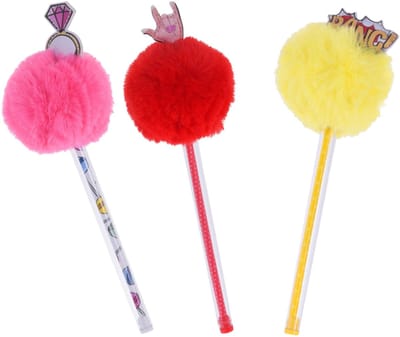 Dailygoods- Balpen 3-delige set - Pompon dop - Vrolijke kleuren - Schrijfaccessoires - 100% polyester - Ca. 17 cm lang - Schrijfpen