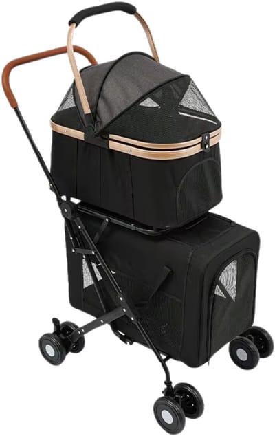 Dierenwagen 2-Laags – Voor Katten & Huisdieren / 3-in-1 Reiswagen – Opvouwbare Buggy met Afneembare Handkar & Verstelbaar Handvat – Voor Meerdere Huisdieren