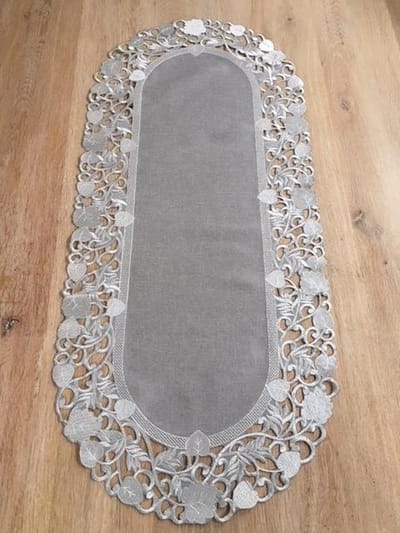 Tafelloper - Linnenlook - licht Grijs met blaadjes - Loper 45 cm