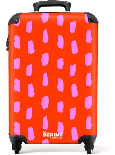 NoBoringSuitcases.com - Koffer dames - Vlekkenpatroon in roze op felrode achtergrond - Past binnen 55x40x20 cm en 55x35x25 cm - Trolley handbagage vrouwen - Valiezen met wieltjes volwassenen - Reiskoffer op wielen - Rolkoffer lichtgewicht