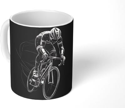 Mok - Koffiemok - Lijntekening - Wit - Wielrennen - Snelheid - Mokken - 350 ML - Beker - Koffiemokken - Theemok