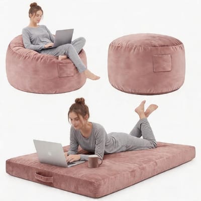 Grote 4-in-1 Omvormbare Zitzak & Loungebed - Met Traagschuim Vulling en Wasbare Hoes - Zacht Flanel - 112x112 cm - Roze