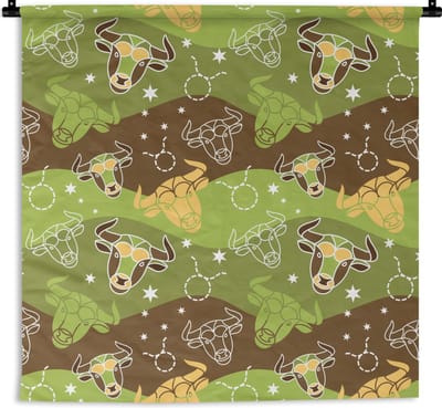 Wandkleed - Wanddoek - Stier - Zodiac - Groen - Patroon - 180x180 cm - Wandtapijt